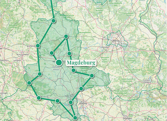 Das Bild zeigt eine Karte mit den 30 Etappen der DemokRADtour 2026 durch Mecklenburg-Vorpommern und Sachsen-Anhalt.