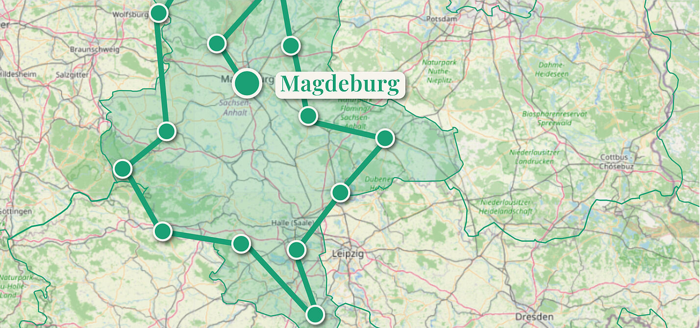 Das Bild zeigt eine Karte mit den 30 Etappen der DemokRADtour 2026 durch Mecklenburg-Vorpommern und Sachsen-Anhalt.