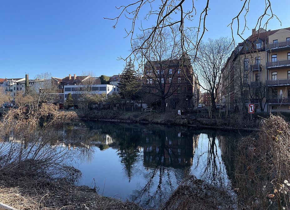 Saline-Insel.jpg Blick über einen Fluss auf Häuser